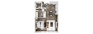 an overhead view of a bedroom with a wood floor