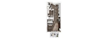 a floor plan of a bedroom with a bathroom and a living room