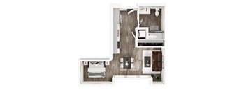 a stylized floor plan of a bedroom with a bathroom and a living room