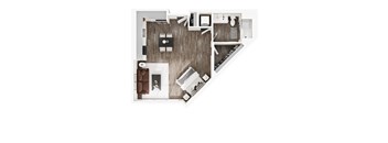 a stylized floor plan with a bedroom and living room