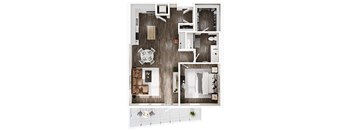 an overhead view of a 1 bedroom apartment with wood floors