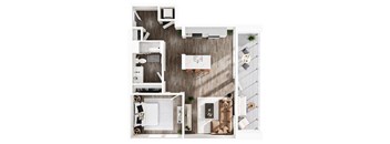 an overhead view of a bedroom with a wood floor
