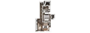 a stylized floor plan with a bedroom and a living room