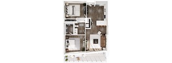 a 3d drawing of a 1 bedroom apartment with a living room and a kitchen