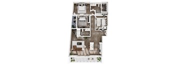 an overhead view of the 1 bedroom floor plan of a modern apartment with a bedroom