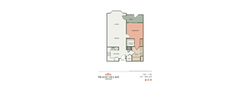 A floor plan of a Tralee Village Apartments apartment, apartment number 1BD, showing a living room, dining room, kitchen, bathroom, bedroom, and deck.