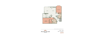 A floor plan of a two bedroom, two bathroom apartment at Tralee Village.