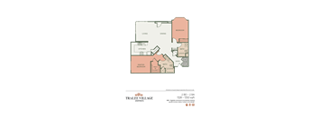 A floor plan of an apartment with a living room, dining room, kitchen, and two bedrooms.
