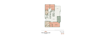 A floor plan of an apartment with two bedrooms, a living room, a kitchen, a dining room, a bathroom, and a master bedroom with walk-in closet.