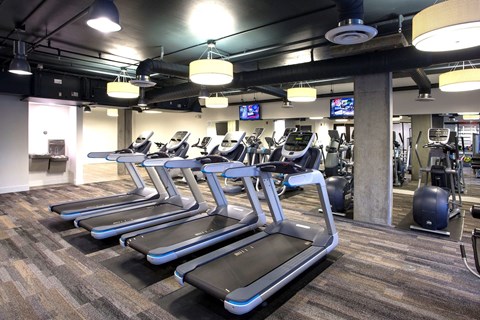 a gym with cardio equipment and weights in a building