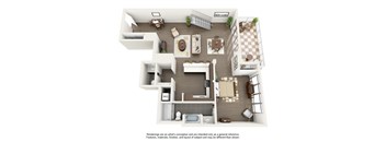 A top-down view of a house interior with a kitchen, living room, and dining area.