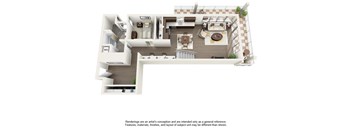 A 3D rendered image of a house layout.