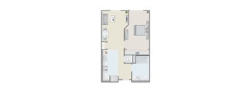 A floor plan of a small apartment with a kitchen, living room, and bathroom.