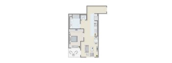 A floor plan of a house with a kitchen, living room, and bathroom.