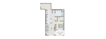 A floor plan of a house with a kitchen, living room, and bathroom.