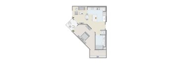 A floor plan of a small apartment with a kitchen, living room, bedroom and bathroom.