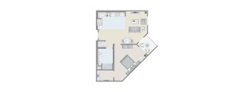 A floor plan of a small apartment with a kitchen, living room, bedroom and bathroom.