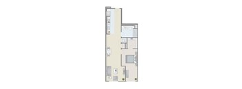A floor plan of a small apartment with a kitchen, living room, bedroom and bathroom.