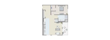 A floor plan of a small apartment with a kitchen, living room, bedroom and bathroom.