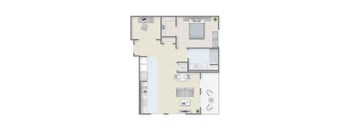 A floor plan of a small apartment with a kitchen, living room, bedroom and bathroom.