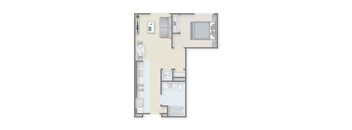 A floor plan of a small apartment with a kitchen, living room, and bathroom.