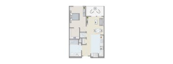 A floor plan of a small apartment with a kitchen, living room, and bathroom.