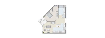A floor plan of a house with a kitchen, living room, bedroom, and bathroom.