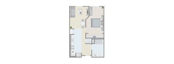A floor plan of a house with a kitchen, living room, bedroom, and bathroom.