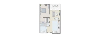 A floor plan of a small apartment with a kitchen, living room, and bathroom.