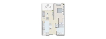 A floor plan of a small apartment with a kitchen, living room, bedroom and bathroom.