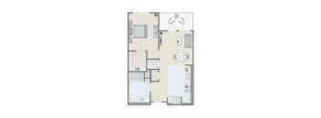 A floor plan of a small apartment with a kitchen, living room, and bathroom.