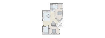 A floor plan of a house with a kitchen, living room, and two bedrooms.