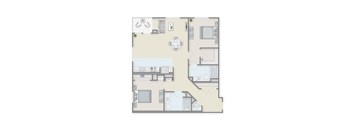 A floor plan of an apartment with a kitchen, living room, and bedrooms.