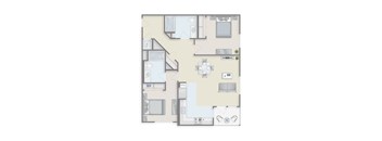 A floor plan of a house with a kitchen, living room, and two bedrooms.