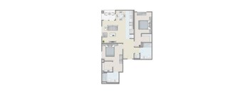 A floor plan of a house with a kitchen, living room, and two bedrooms.