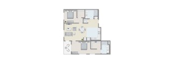 A floor plan of a house with a kitchen, living room, and two bedrooms.