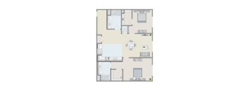 A floor plan of an apartment with a kitchen, living room, and two bedrooms.