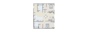 A floor plan of an apartment with a kitchen, living room, and two bedrooms.
