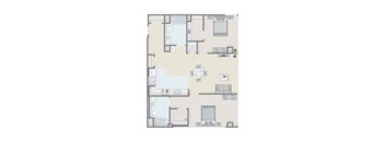 A floor plan of a house with a kitchen, living room, and two bedrooms.
