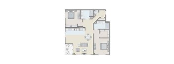A floor plan of a house with a kitchen, living room, and two bedrooms.