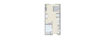 A floor plan of a small apartment with a living room, kitchen, and bathroom.