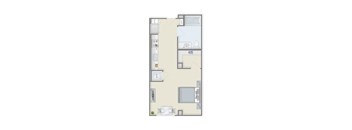 A floor plan of a room with a kitchen, living room, and bathroom.