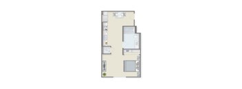 A floor plan of a room with a kitchen, living room, and bathroom.