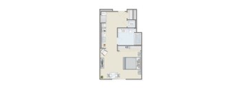 A floor plan of a room with a kitchen, living room, and bathroom.