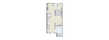 A floor plan of a small apartment with a kitchen, living room, and bathroom.