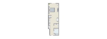 A floor plan of a room with a kitchen area and a bathroom.