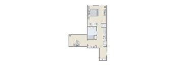 A floor plan of a room with a kitchen, living room, and bathroom.