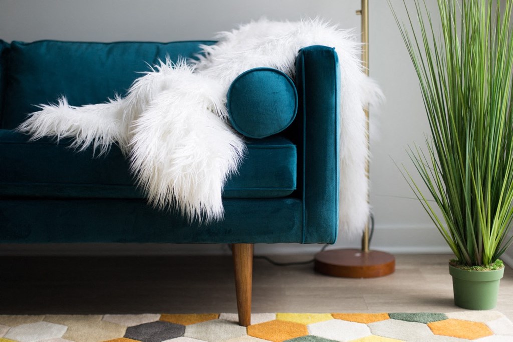 couch in apartment living room at Pinnex, Indianapolis, IN, 46203
