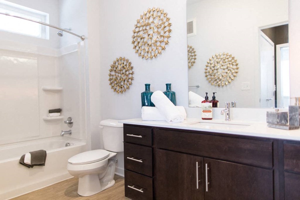 vanity and tub in bathroom at Pinnex, Indianapolis, 46203