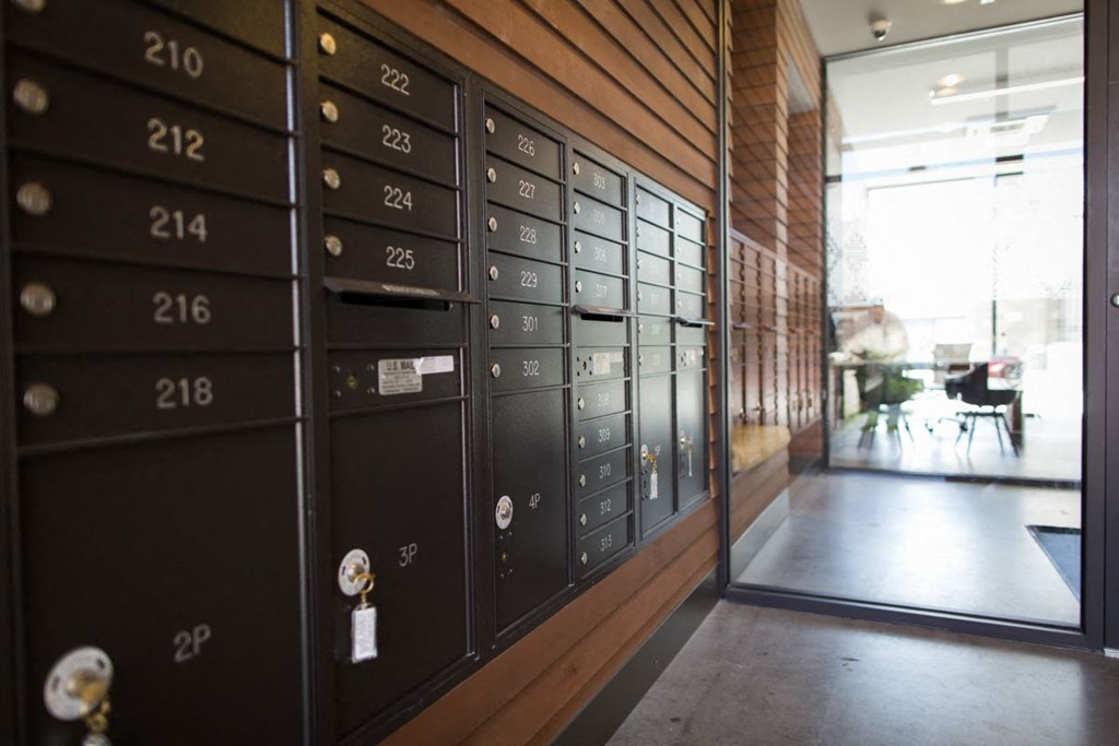 mail boxes in lobby at Pinnex, Indianapolis, 46203